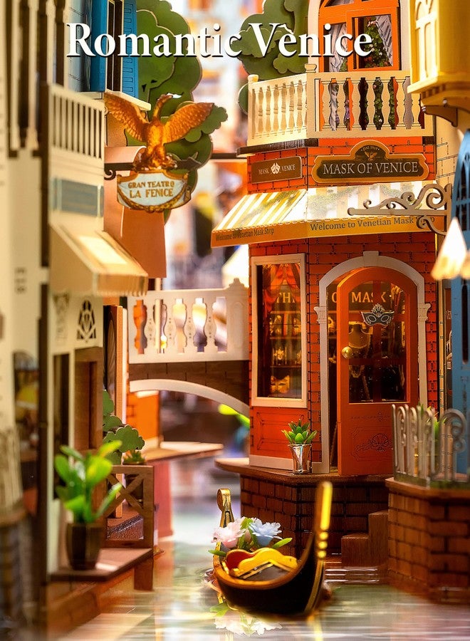 ROBOTIME Book Nook Kit with Dust Cover DIY Miniature House with LED 3D Wooden Puzzle Booknook Bookshelf Insert Decor Bookend Model Craft Hobby Gift for Teens and Adults (Romantic Venice) - Image 2